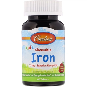 Мінерали Carlson Залізо Дитяче, 15 мг, смак полуниці, Kid's Chewable Iron, 60 жуватий (CAR-55940) зображення 1