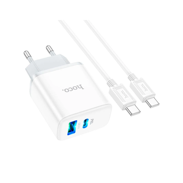 Зарядний пристрій HOCO C105A Stage 1xUSB-C PD20W + 1xUSB QC3.0 + cable USB-C to USB-C White (6931474782922) - зображення 1