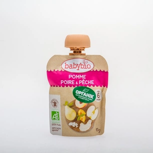 Дитяче пюре BabyBio органічне з яблука, груші та персика 90 г (3288131540016) зображення 1