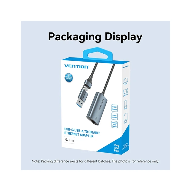Перехідник USB-C + USB A to RJ45 Ethernet 1000Mbps 0.15m aluminum gray Vention (CFQHB) - picture 3