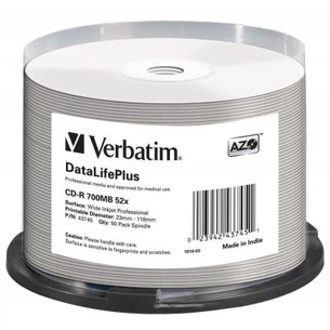 Диск CD Verbatim CD-R 700Mb 52x Cake box Printable (43745) изображение 1