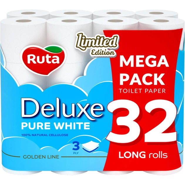 Туалетний папір Ruta Pure White Deluxe 3 шари 160 відривів 32 рулони (4820202896135) - изображение 1