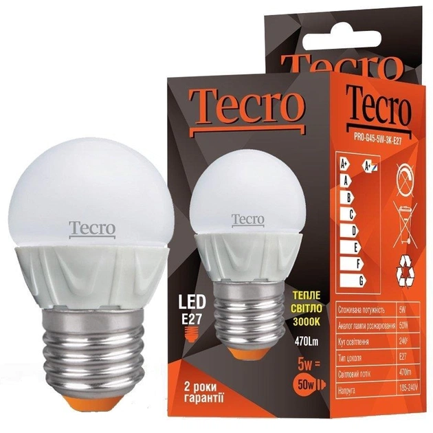 Лампа светодиодная Tecro 5W E27 3000K (PRO-G45-5W-3K-E27) - изображение 1