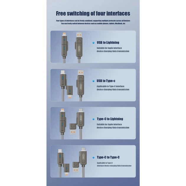 Дата кабель USB 2.0 AM to USB-C + USB 2.0 AM to Lightning 1.0m 60W gray XO (NB275_4-in-1_Gray) - picture 6