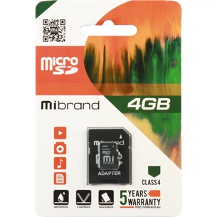 Карта пам'яті Mibrand 4GB microSDHC class 4 (MICDC4/4GB-A) зображення 1