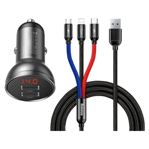 Зарядний пристрій Baseus Digital Display Dual USB 4.8A Car Charger 24W+Three Primary Colors 3-in-1 Cable 1.2m (TZCCBX-0G) зображення 1