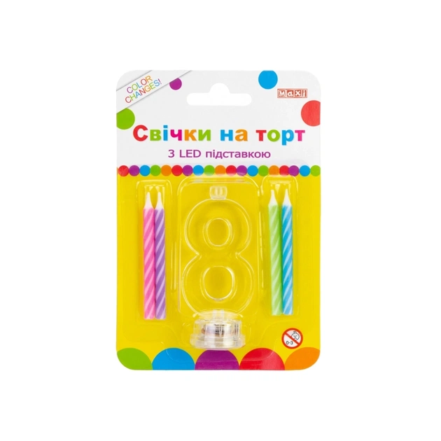 Свічка Maxi 4 шт. на торт з LED підставкою "8", що світиться (MX701007-8) - picture 1