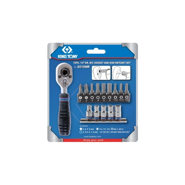 Тріскачка KING TONY під біти та головки 1/4", з набором біт та головок 15 шт. (2515MR) - picture 1