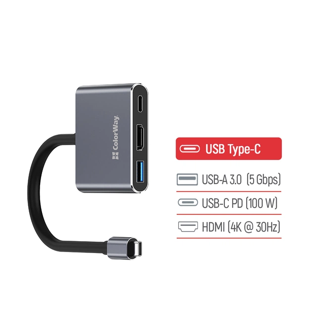 Концентратор ColorWay USB-C 3-in-1 USB 3.0 + HDMI 4K + USB-C PD100W (CW-HUB08) - picture 6