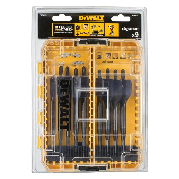 Набор сверл DeWALT перьевых EXTREME IMPACT по дереву, 9 шт,кейс Tough Case (DT70751) - изображение 1