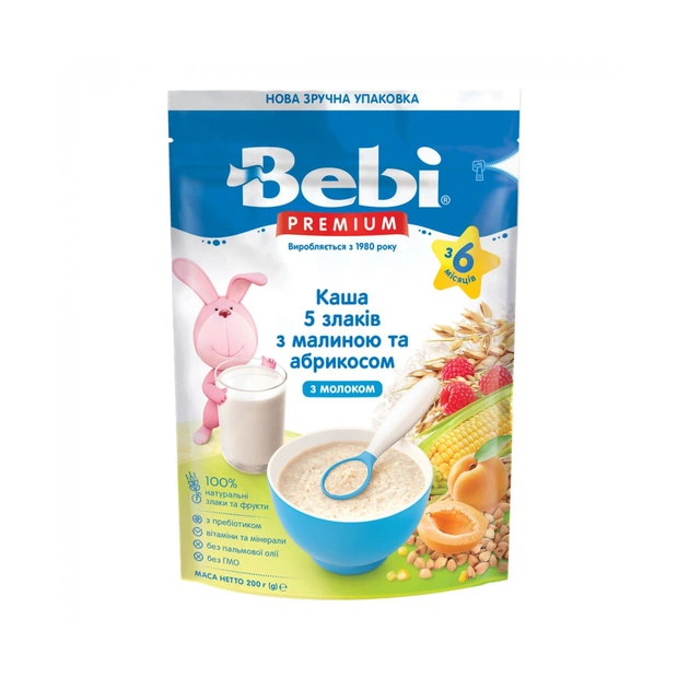 Дитяча каша Bebi Premium молочна 5 злаків з малиною та абрикосом +6 міс. 200 г (8606019654405) - изображение 1