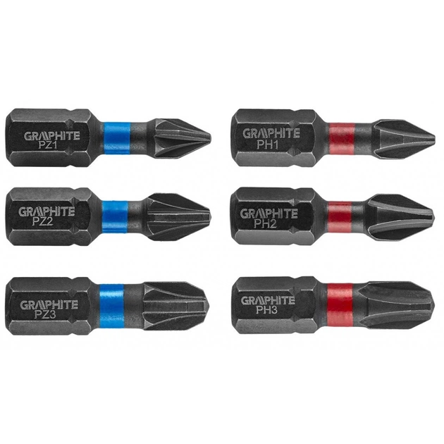 Набор бит Graphite ударных PH1 / 2/3, PZ1/2/3 x 25 мм, 6 шт. (56H540) - изображение 1