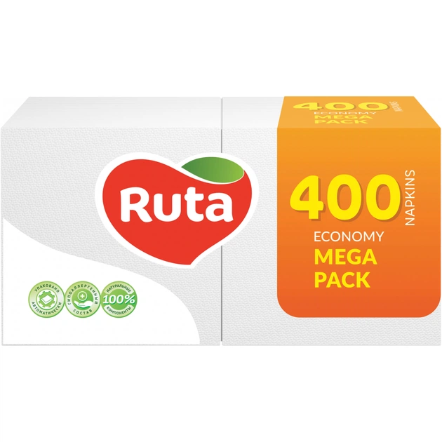 Серветки столові Ruta Mega Pack 1 шар 24х24 см Білі 400 шт. (4820023744622) - зображення 1