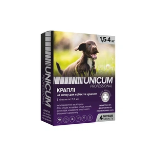 Краплі для тварин Unicum Pro від бліх, вошей, волосоїдів, комарів, москітів, іксодових кліщів для собак 1.5-4 кг/3 шт (4820150206512) зображення 1