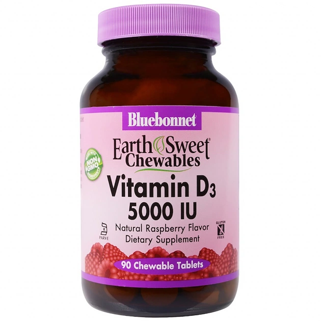Вітамін Bluebonnet Nutrition Вітамін D3 5000IU, Смак Малини, Earth Sweet Chewables, 90 ж (BLB-00366) - зображення 1