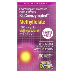 Вітамін Natural Factors Метилфолат, 1000 мкг, BioCoenzymated, Methylfolate, 60 таблеток (NFS-01241) зображення 1