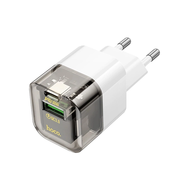 Зарядний пристрій HOCO C131A USB-C PD30W + 1xUSB QC3.0 transparent black (6942007609821) - изображение 1