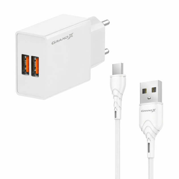 Зарядний пристрій Grand-X 2xUSB 5V 2.4A + cable USB to USB-C white (CH-15WT) - зображення 1