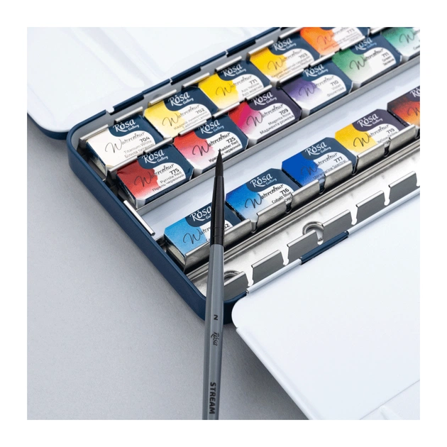 Акварельні фарби Rosa Gallery SPECTRUM, 21*2,5мл, з пензлем, кювета Індіго металевий пенал (4823098544777) - picture 4