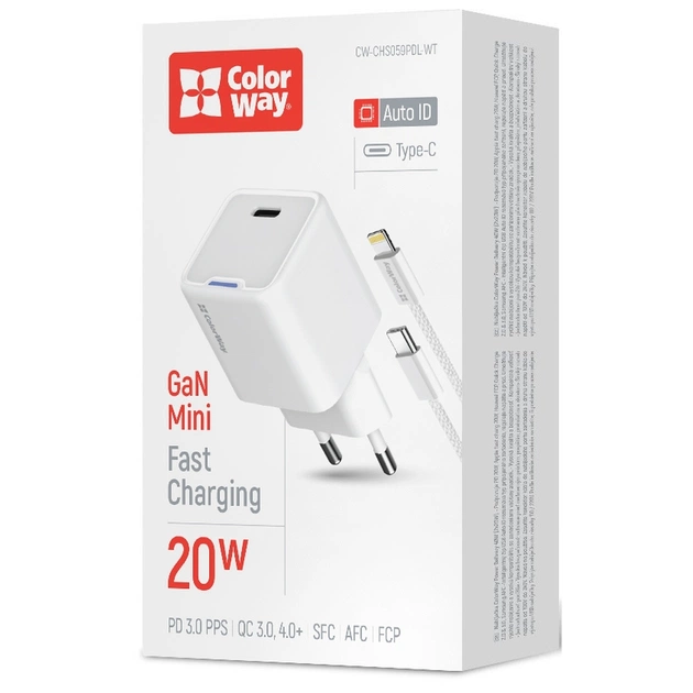 Зарядний пристрій ColorWay C101D GaN Mini 20W PD PPS USB-C + cable USB-C to Lightning white (CW-CHS059PDL-WT) - picture 6