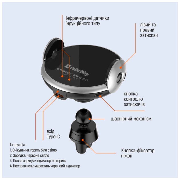 Універсальний автотримач ColorWay AutoSense Wireless Charger 2 15W Black (CW-CHAW036Q-BK) - picture 8
