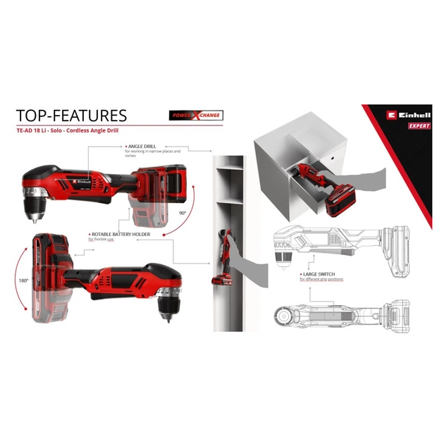 Дриль Einhell кутова TE-AD 18 Li - Solo PXC 18В, 1100 об/хв, 45Нм (без АКБ та ЗП) (4514290) - picture 11