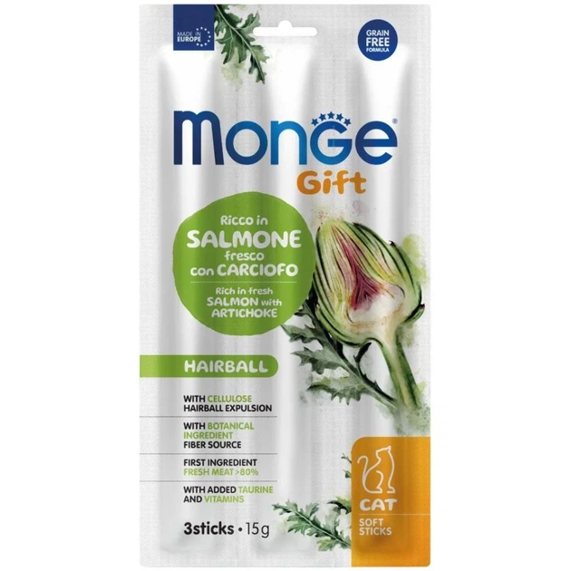 Ласощі для котів Monge Gift Cat Hairball сьомга з артишоком 15 г (8009470085267) - зображення 1