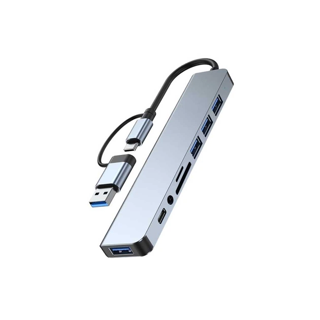 Концентратор Dynamode USB-C/A 8-in-1 1xUSB-C + 1xUSB 3.0 + 3xUSB 2.0 + 3.5mm audio + SD/TF silver (BYL-2218TU) - зображення 1