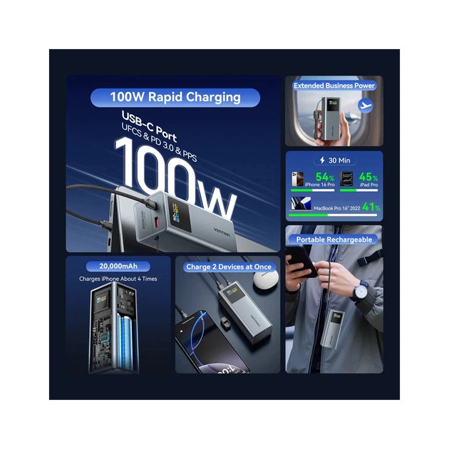 Батарея універсальна Vention 20000 mAh 100W Gray TFT Display Type (FKCH0) - зображення 4