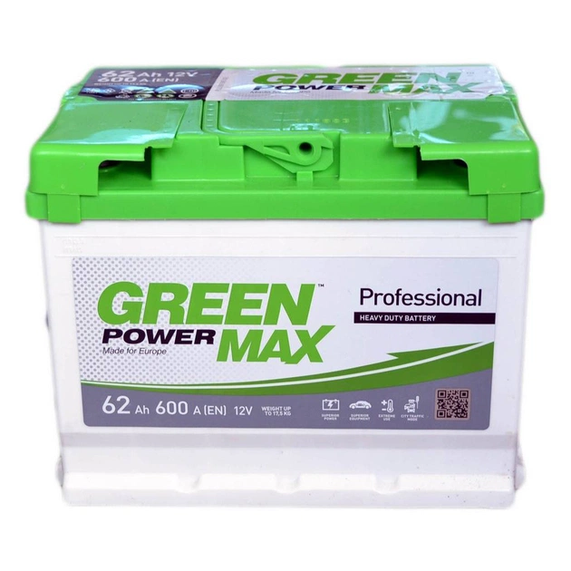 Акумулятор автомобільний GREEN POWER MAX 62Ah (+/-) (600EN) (22380) - изображение 1