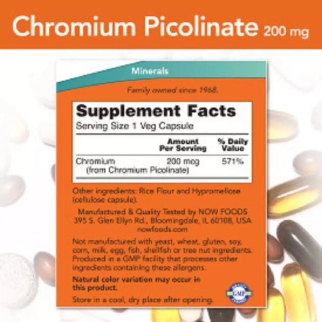 Мінерали Now Foods Піколінат Хрома, 200 мкг, Chromium Picolinate, 100 вегетаріанських до (NF1420) - изображение 3