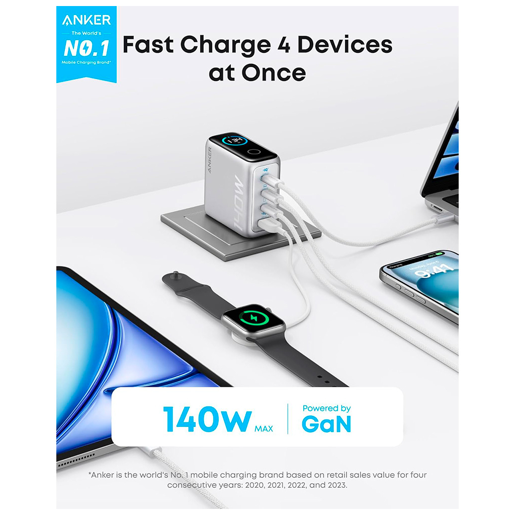 Зарядний пристрій Anker Laptop GaN 140W 3xUSB-C PD3.1 + USB-A + display + cable Silver (B2697G41) - зображення 2