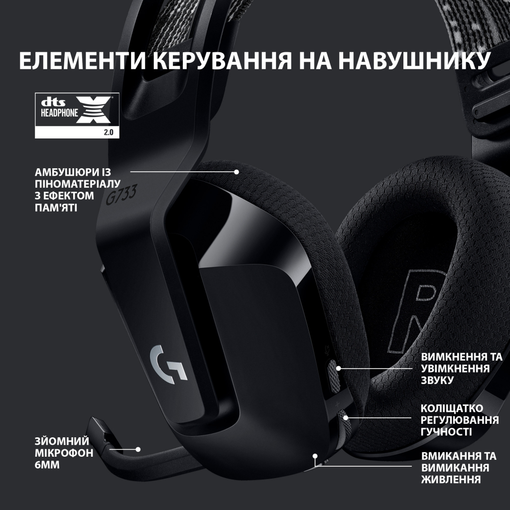 Навушники Logitech G733 Lightspeed Wireless RGB Gaming Headset Black (981-000864) - зображення 5