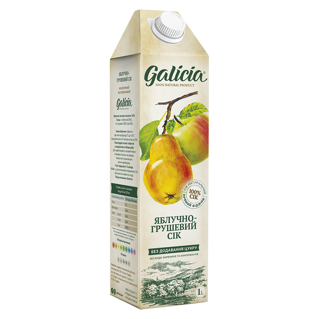 Сік Galicia Яблучно-грушевий прямого віджиму неосвітлений 1 л (4820209560398) - зображення 1