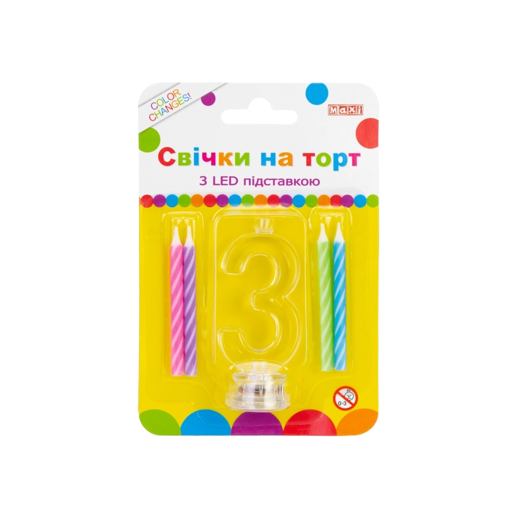 Свічка Maxi 4 шт. на торт з LED підставкою "3", що світиться (MX701007-3) - зображення 1