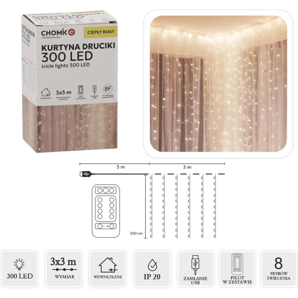 Гірлянда Chomik Штора 3 х 3 м 300 LED Теплий білий USB з пультом (5900779879997) - зображення 3