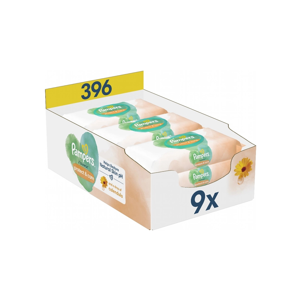 Дитячі вологі серветки Pampers Harmonie Protect&Care з календулою 9 пачок х 44 шт (8700216250559) - зображення 1