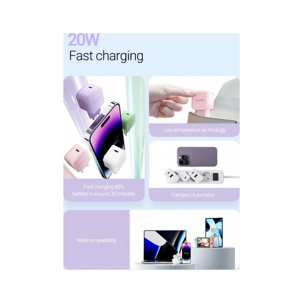 Зарядний пристрій Vention 1xUSB-C 20W PD3.0/QC3.0 Purple (FEJV0-EU) - зображення 3