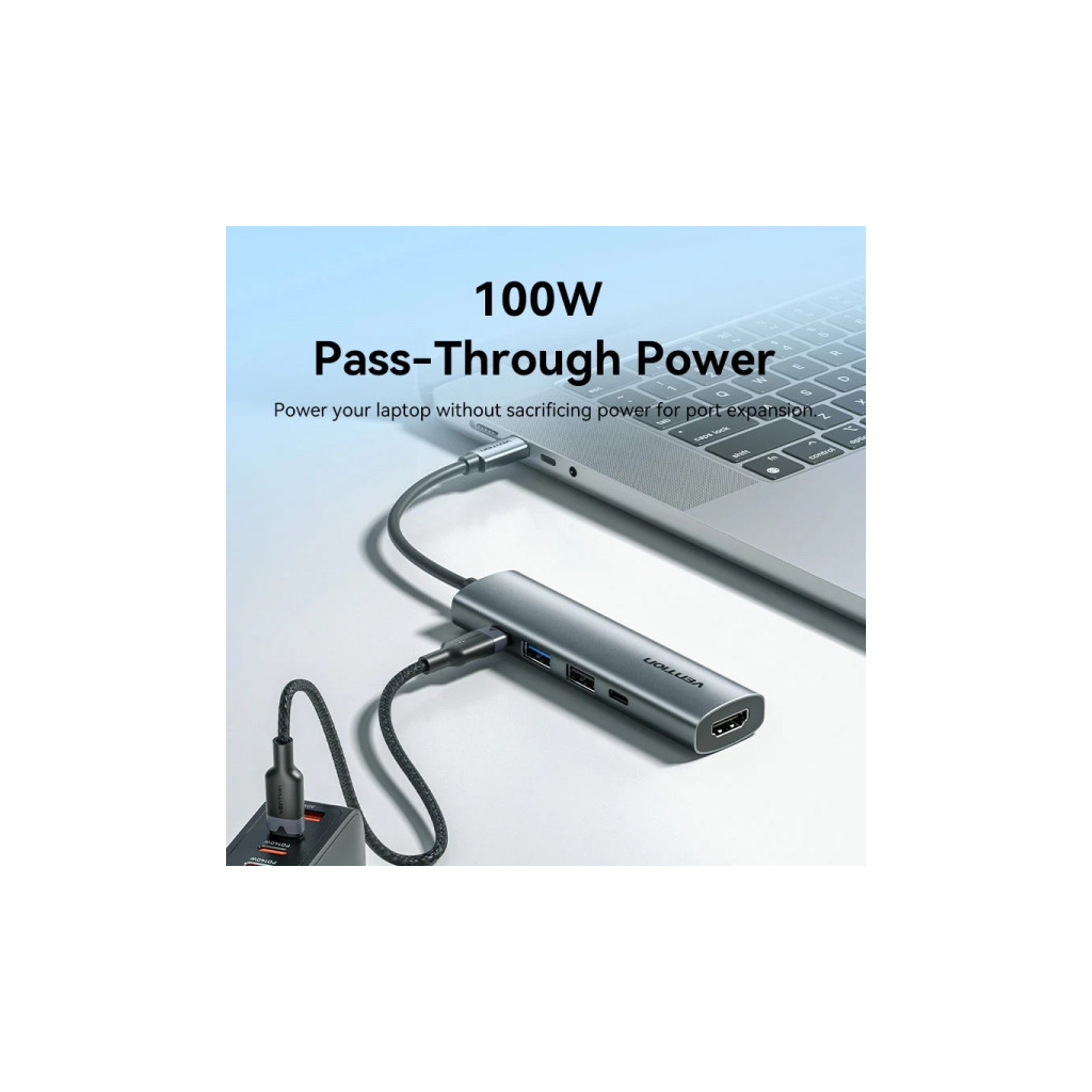 Концентратор VENTION USB-C 5-in-1 HDMI + USB 3.0 + USB 2.0 + USB-C 2.0 + PD 100W (TGLHB) - зображення 6
