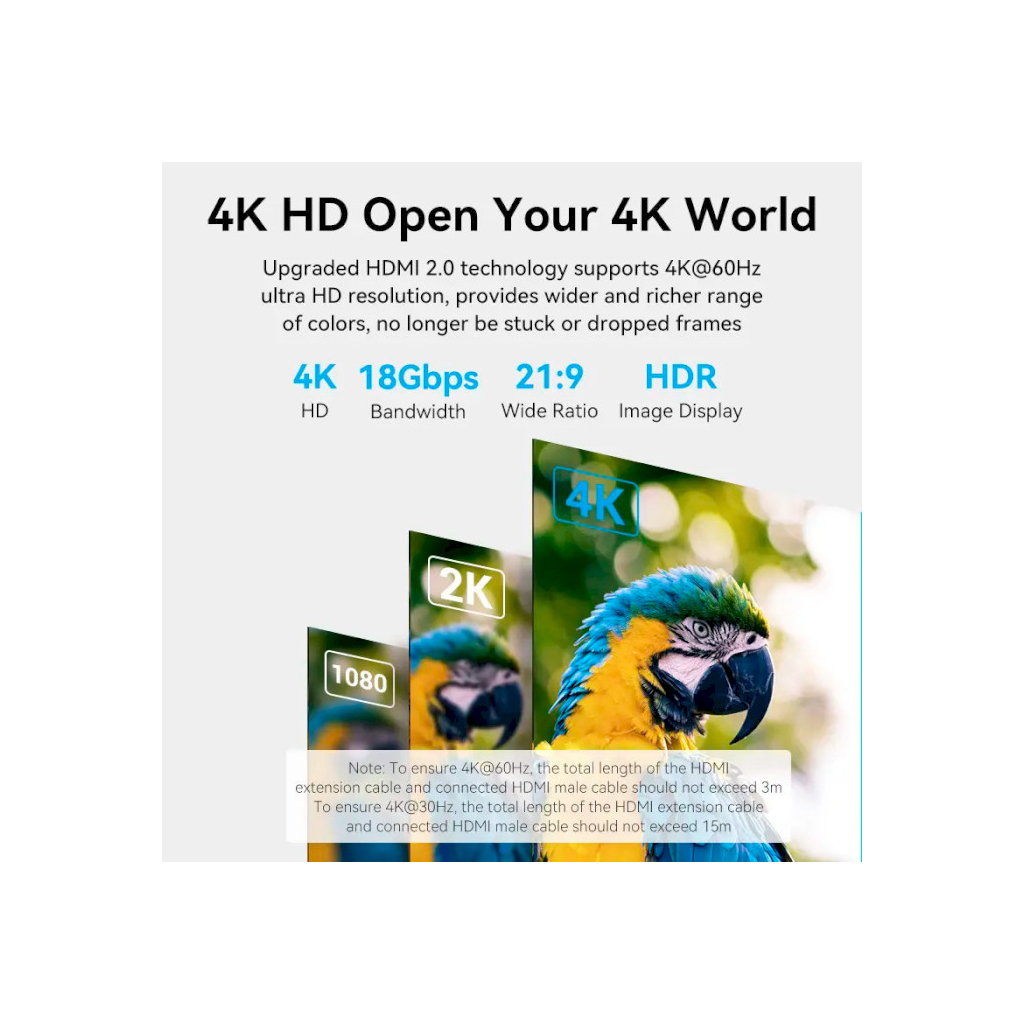 Кабель мультимедійний HDMI M to HDMI F 2.0m V2.0 4K 60Hz PVC Vention (AHCBH) - зображення 6