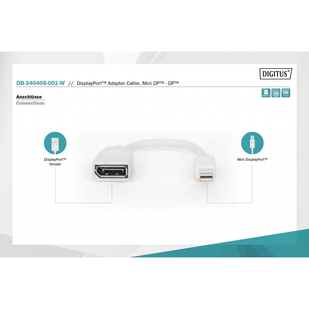 Перехідник mini DP to DP, M/F, 0.15m, white Digitus (DB-340405-001-W) - зображення 3