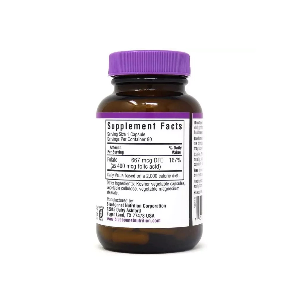 Вітамін Bluebonnet Nutrition Фолієва кислота 400 мг, Folic Acid, 90 вегетаріанських капсул (BLB0449) - зображення 2