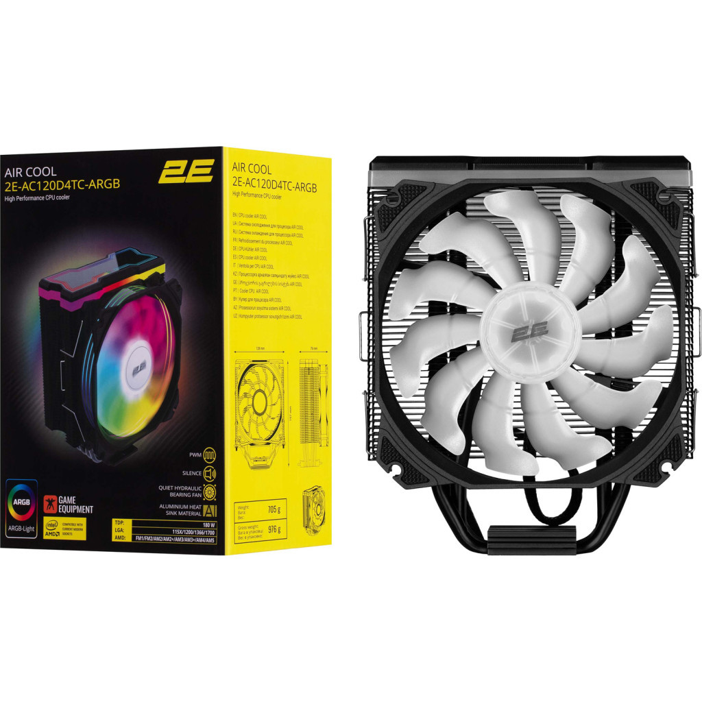 Кулер до процесора 2E Gaming Air Cool AC120D4TC-ARGB, LGA1700, 1366, 1200, 115X, AM5, AM4, AM3, AM3+, AM2, AM2+, FM2, (2E-AC120D4TC-ARGB) - зображення 12