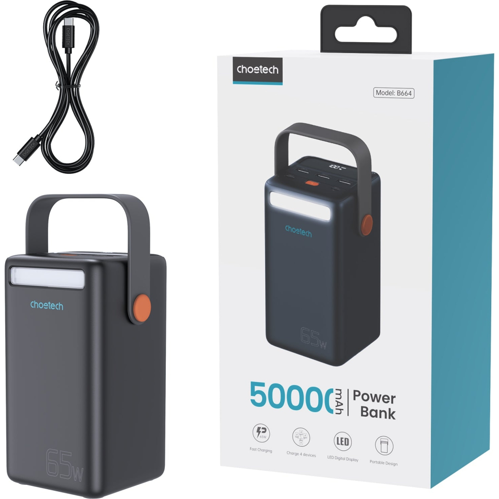 Батарея універсальна Choetech 50000mAh, PD/3.0/65W, QC/3.0/18W, USB-C, 3*USB-A, mirco USB, LED Light (B664-CCBE) - зображення 3