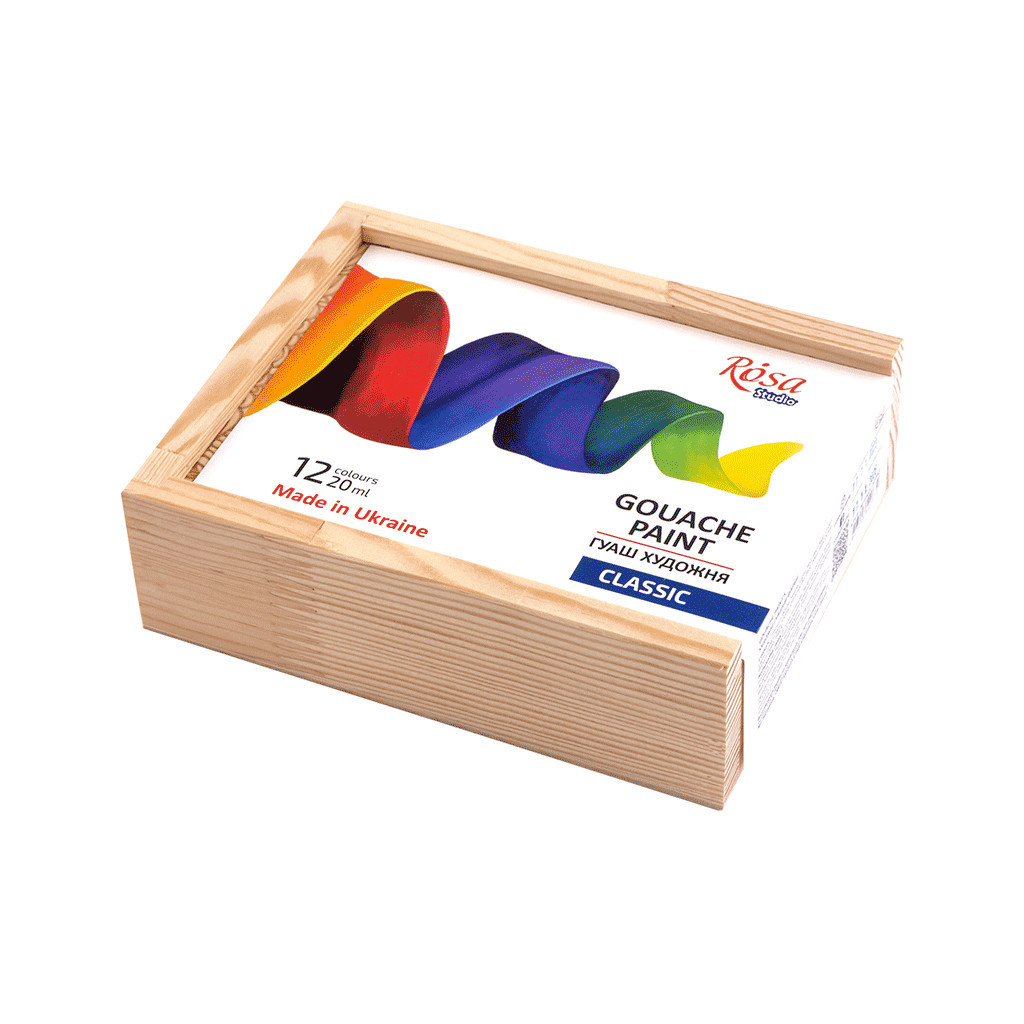 Гуашеві фарби Rosa Studio Classic 12 кольорів по 20 мл, дерев’яний пенал (4823098540632) - зображення 1