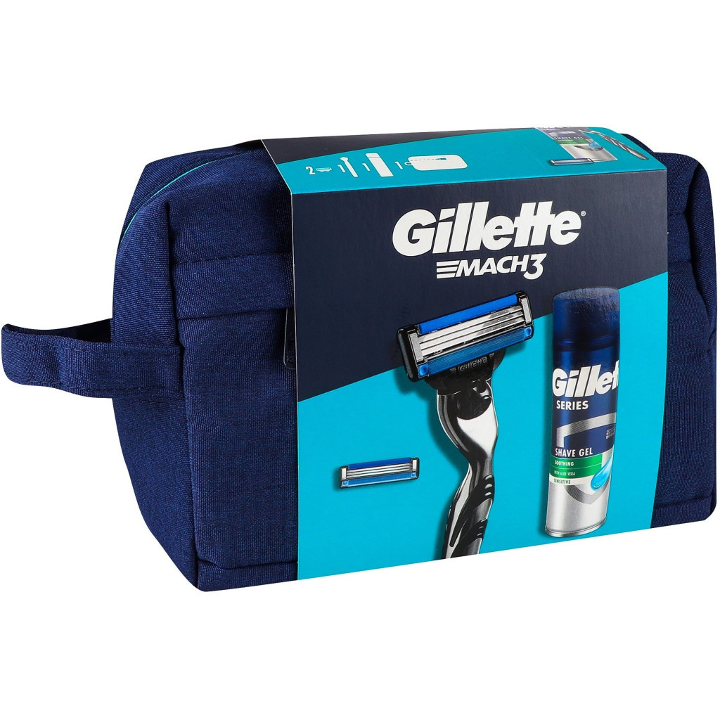 Набір косметики Gillette Бритва Mach3 з 2 змінними картриджами + Гель для гоління Series 200 мл + Косметичка (8700216075251) - зображення 3