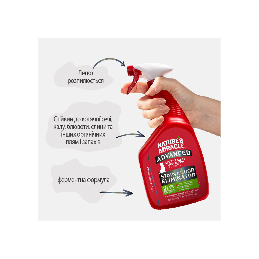 Спрей для тварин 8in1 Nature's Miracle для усунення плям та запахів від котів з ароматом лимону 946 мл (18065969934) - изображение 6