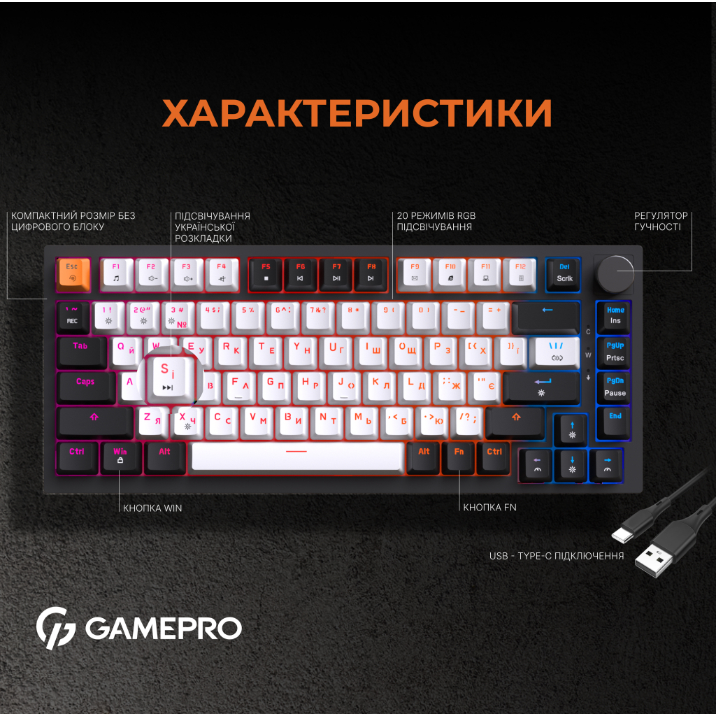 Клавіатура GamePro MK160B Hot-Swap Red Swich RGB USB UA Black (MK160B) - изображение 10