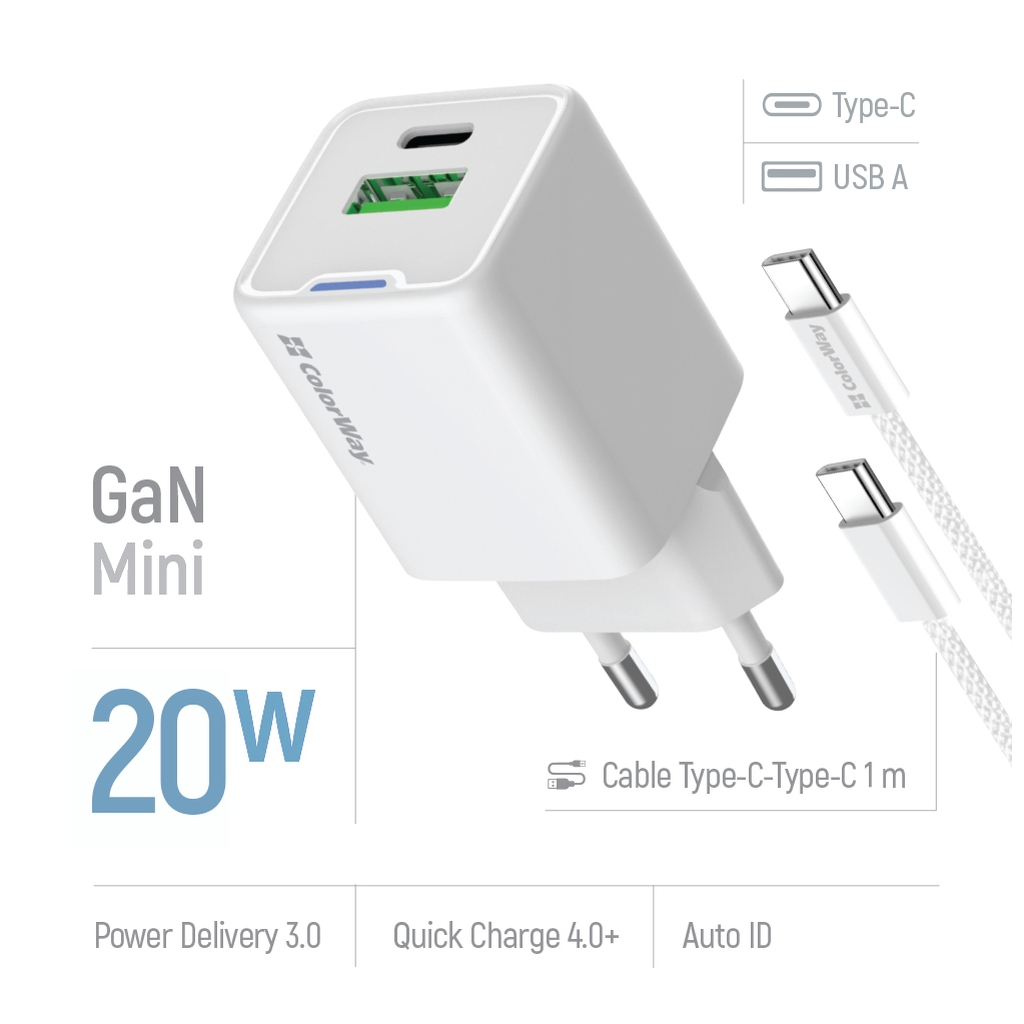 Зарядний пристрій ColorWay C101A GaN Mini 20W PD PPS USB-C + USB-A QC4.0 + cable USB-C to USB-C black (CW-CHS062PDC-WT) - изображение 7