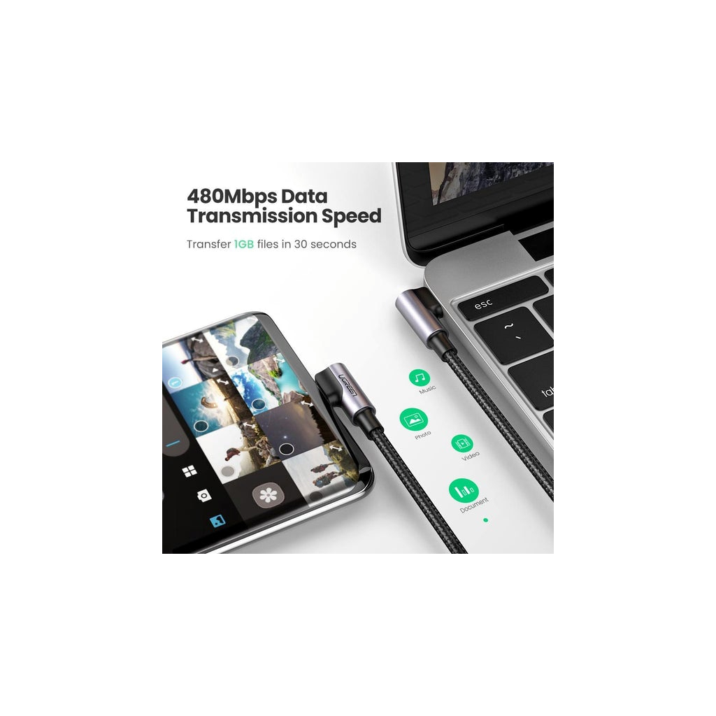 Дата кабель USB-C to USB-C 2.0m 3A 60W US323 90-degree Black Ugreen (70531) - зображення 5